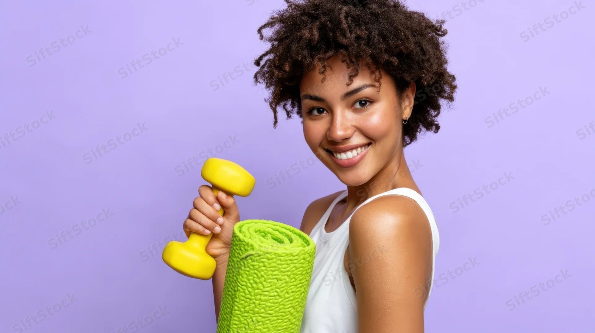 Young black woman smiling while holding a yellow dumbbell and green yoga mat against a lavender background