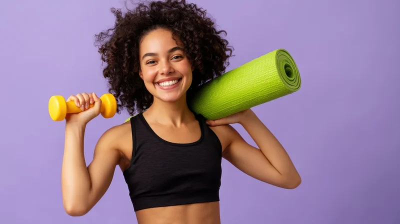 Young woman smiling while holding dumbbell and yoga mat on shoulder in studio