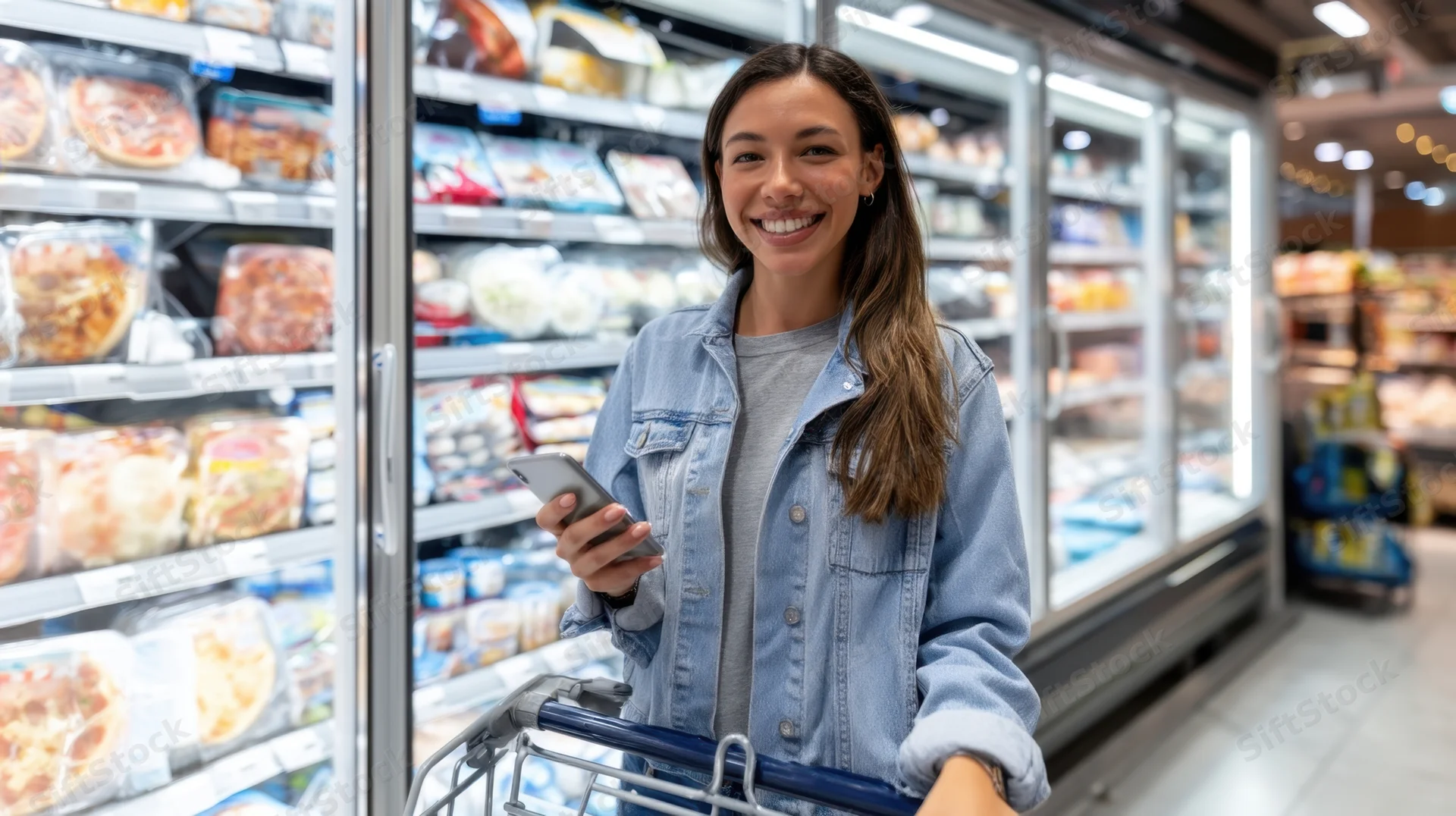 Young woman smiling while shopping with smartphone and cart in supermarket aisle