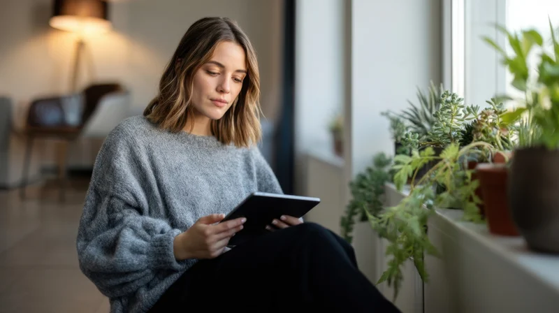 Young woman sitting by window reading on tablet at home