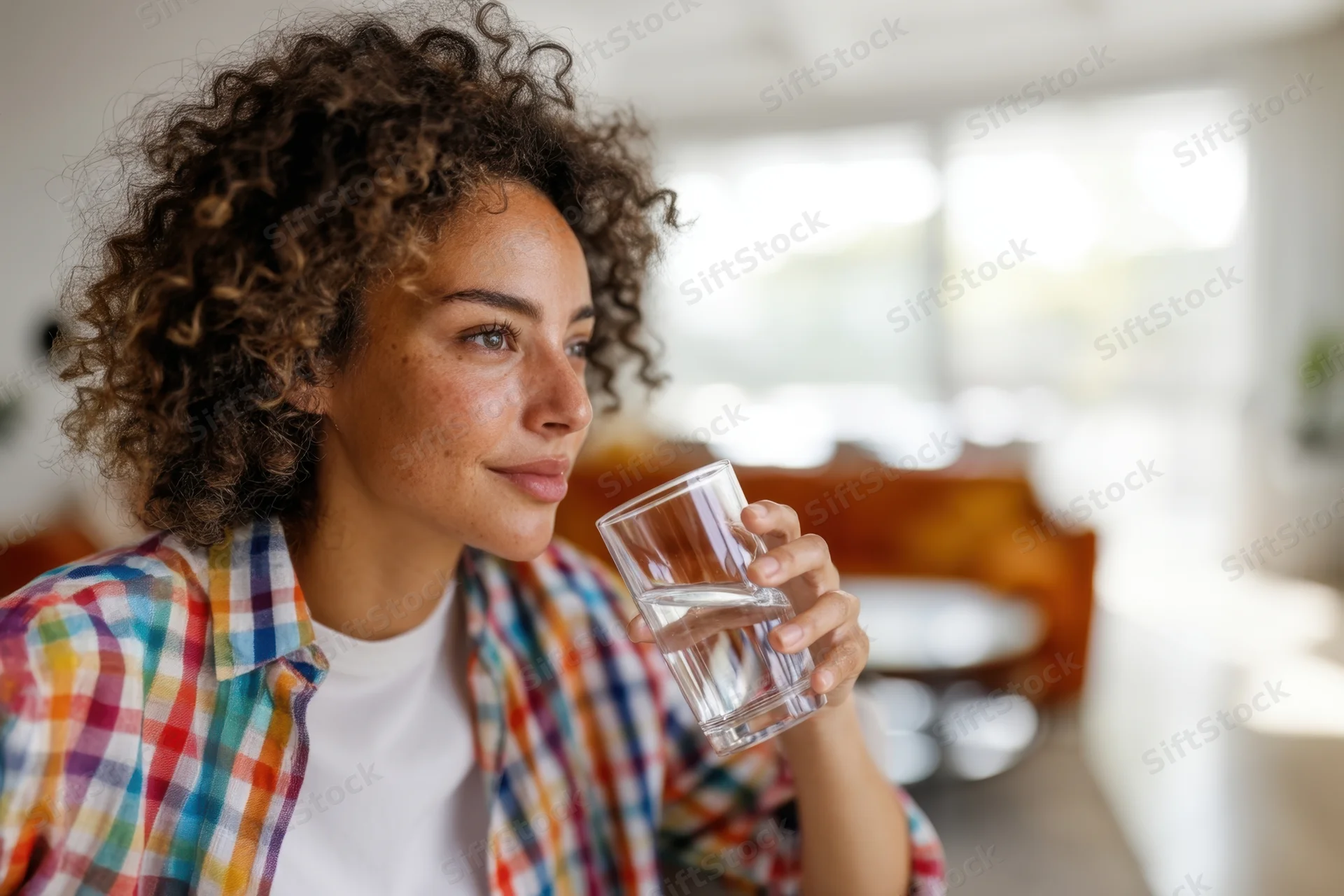 Young woman drinking water from a glass while sitting indoors in a bright living room