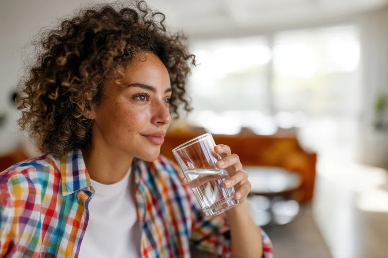 Young woman drinking water from a glass while sitting indoors in a bright living room