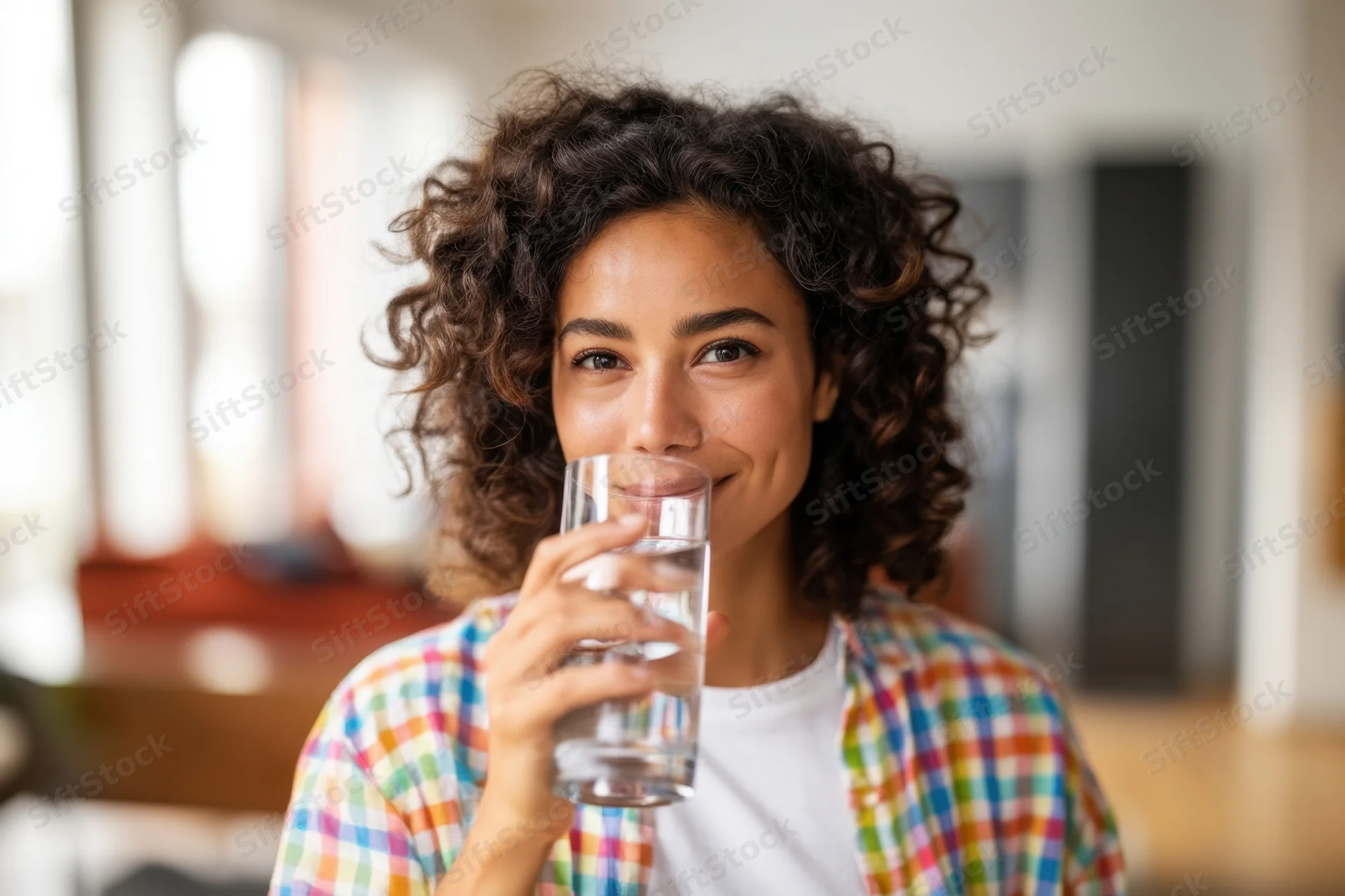 Young woman smiling while drinking water from a glass indoors