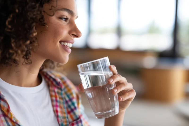Young woman smiling while drinking water from a glass indoors