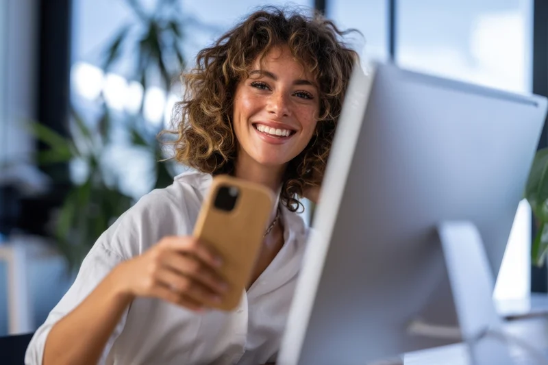 Young woman smiling while holding smartphone at office desk near computer monitor