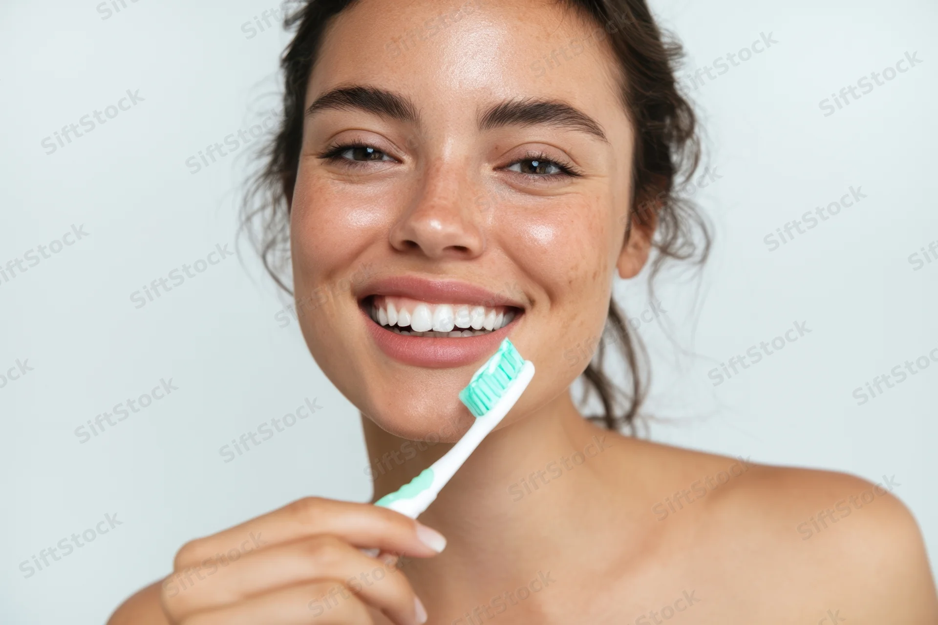 Young woman smiling while holding a toothbrush near her mouth in a studio setting