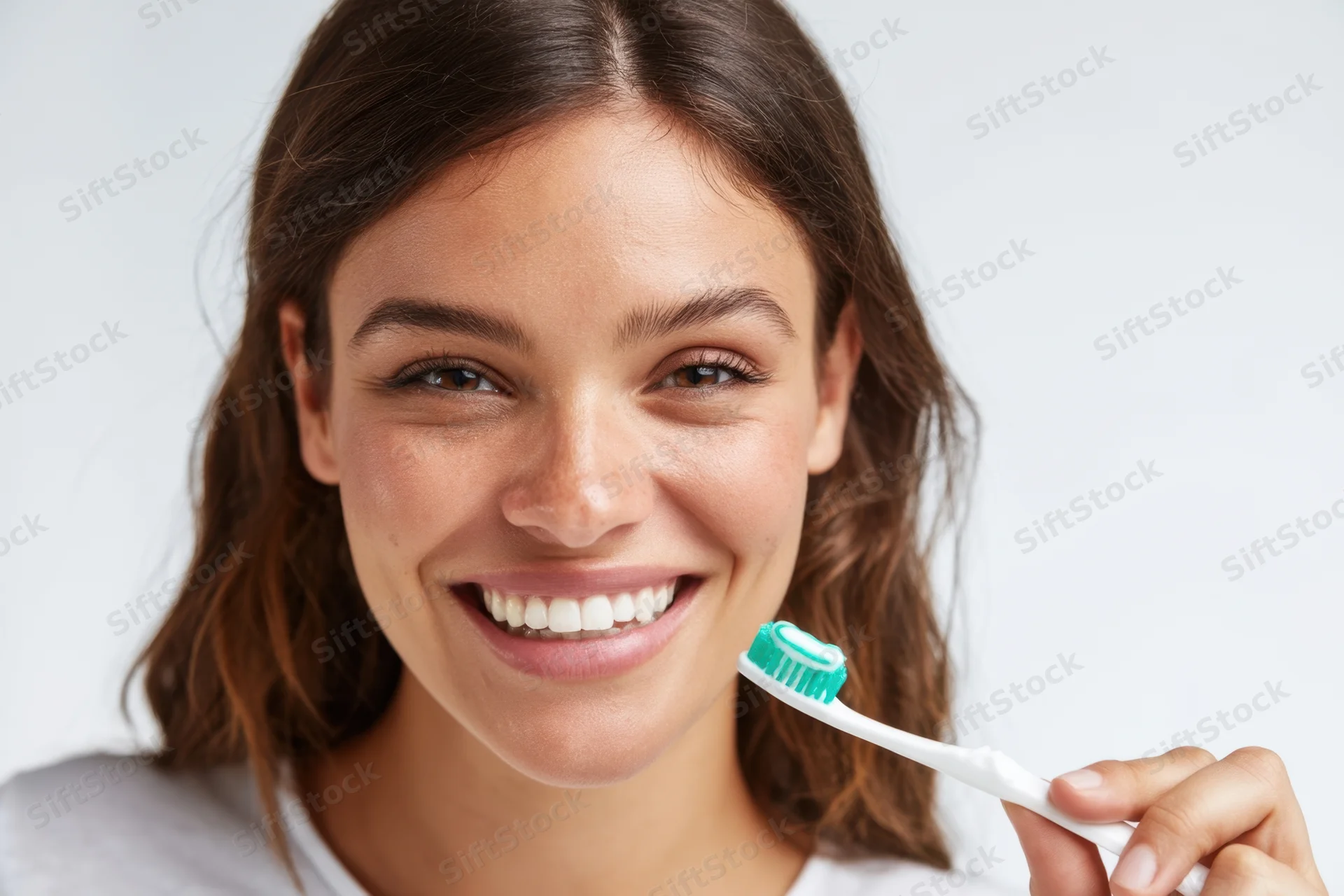 Young woman smiling while holding a toothbrush near her mouth against a white background