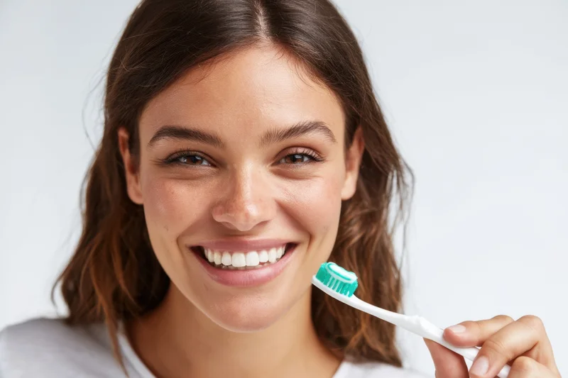 Young woman smiling while holding a toothbrush near her mouth against a white background