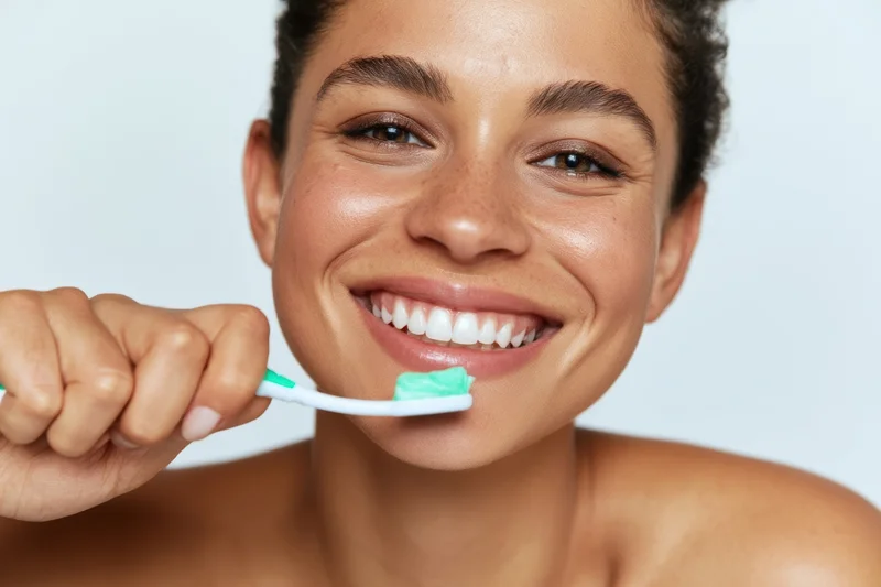 Young woman smiling while brushing her teeth with toothpaste on a white background