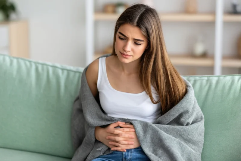 Young woman holding her stomach in discomfort while sitting on a couch wrapped in a blanket