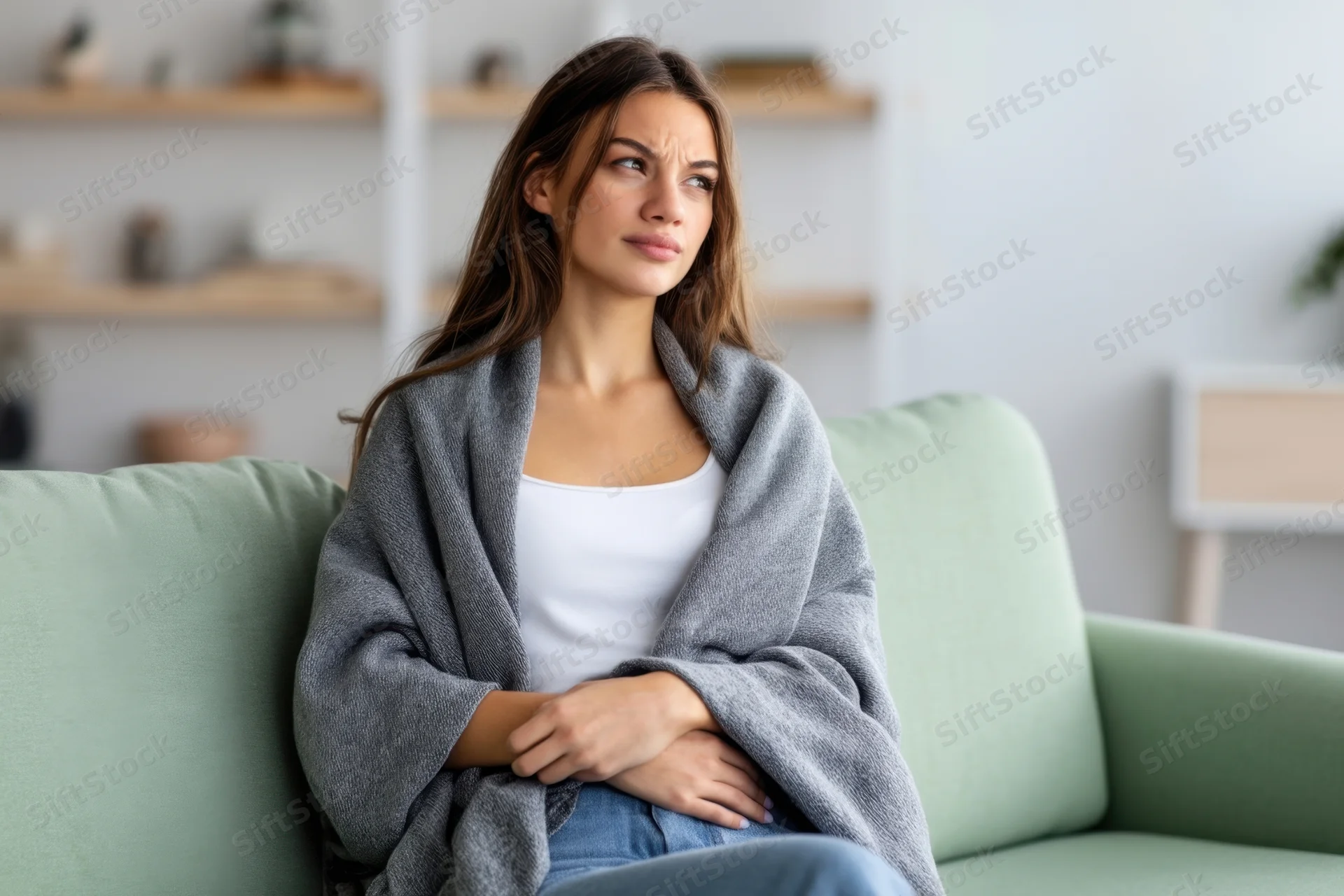 Young woman sitting on green sofa wrapped in gray blanket looking thoughtful indoors