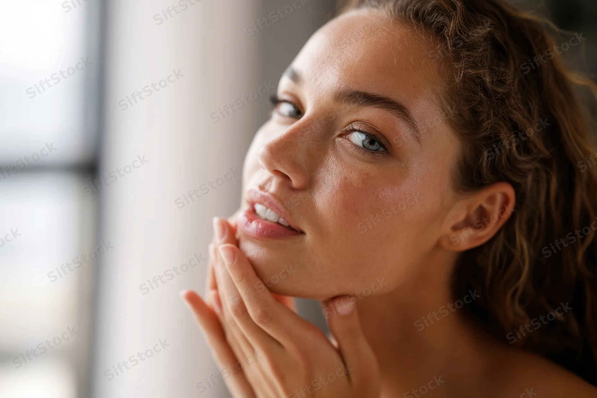 Young woman touching her face with hands near a window indoors