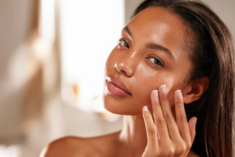 Young woman touching her face with hand, showing clear glowing skin indoors