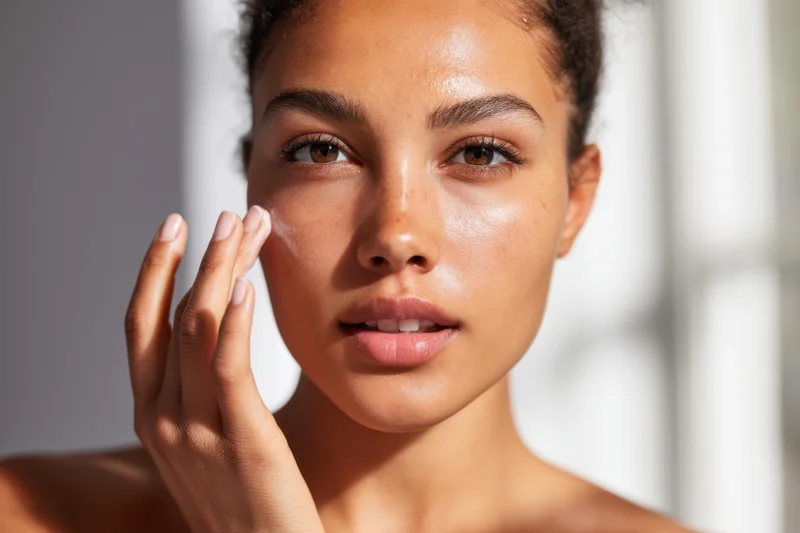 Young woman applying cream to her face in a bright indoor setting