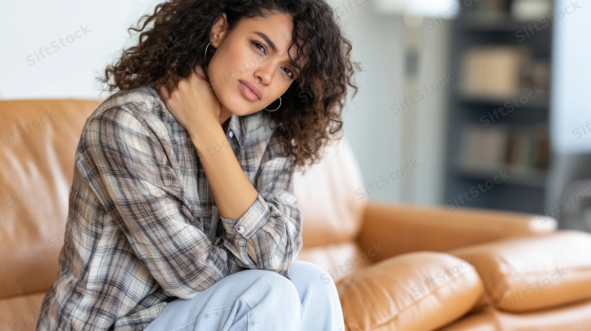 Young woman sitting on a leather sofa holding her neck in discomfort at home