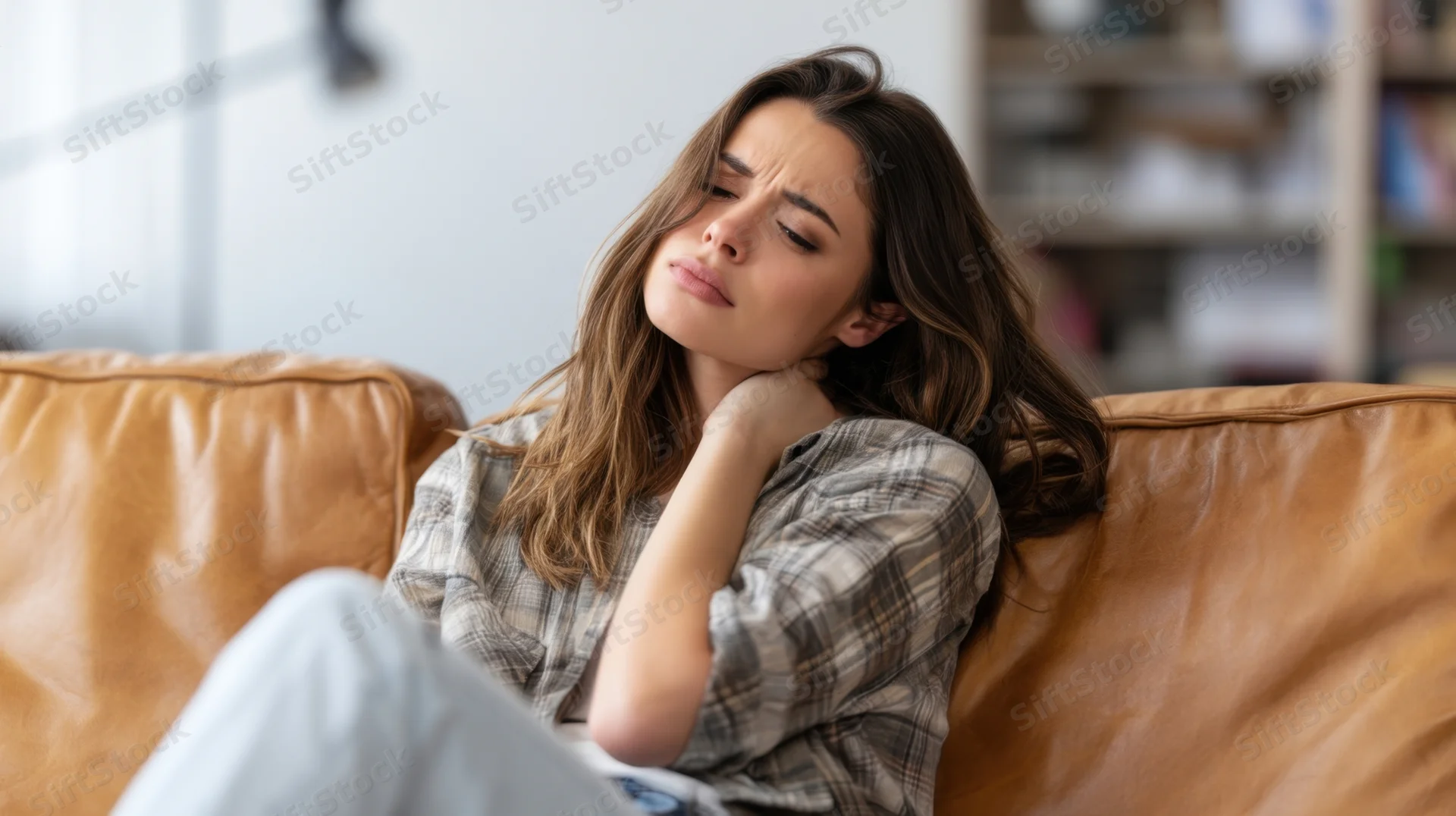 Young woman resting on a leather sofa with hand on neck showing signs of fatigue and discomfort
