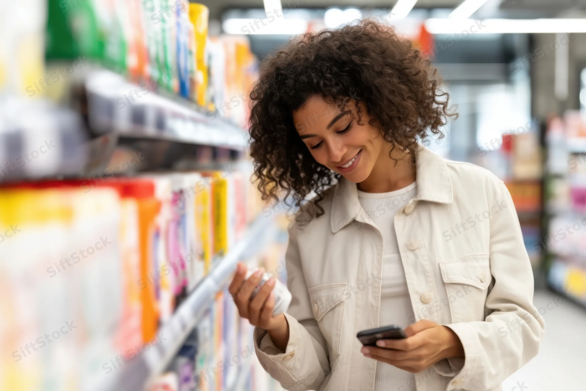 Young woman smiling while scanning a product label with her smartphone in a supermarket aisle