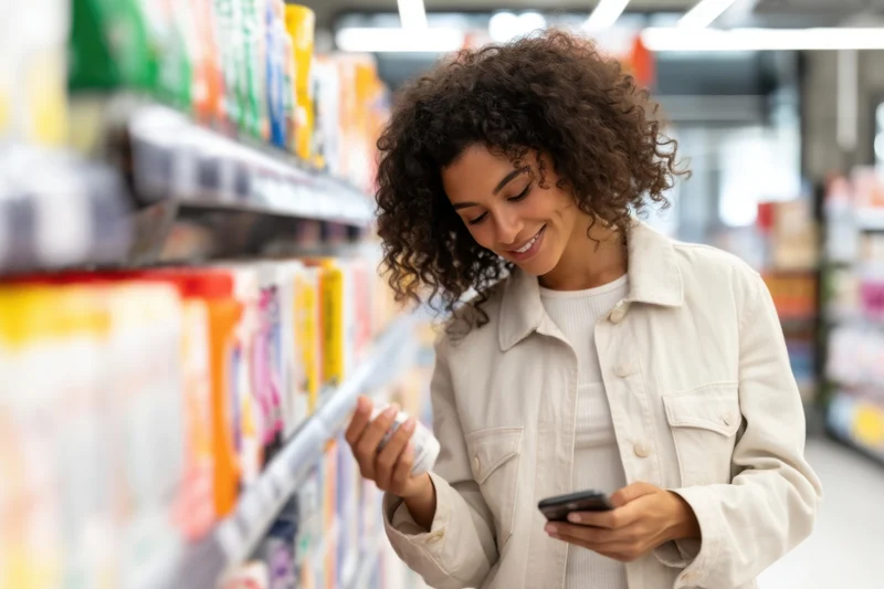 Young woman smiling while scanning a product label with her smartphone in a supermarket aisle