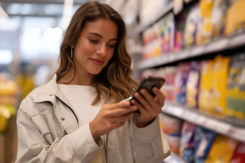 Young woman using smartphone while shopping in a supermarket aisle