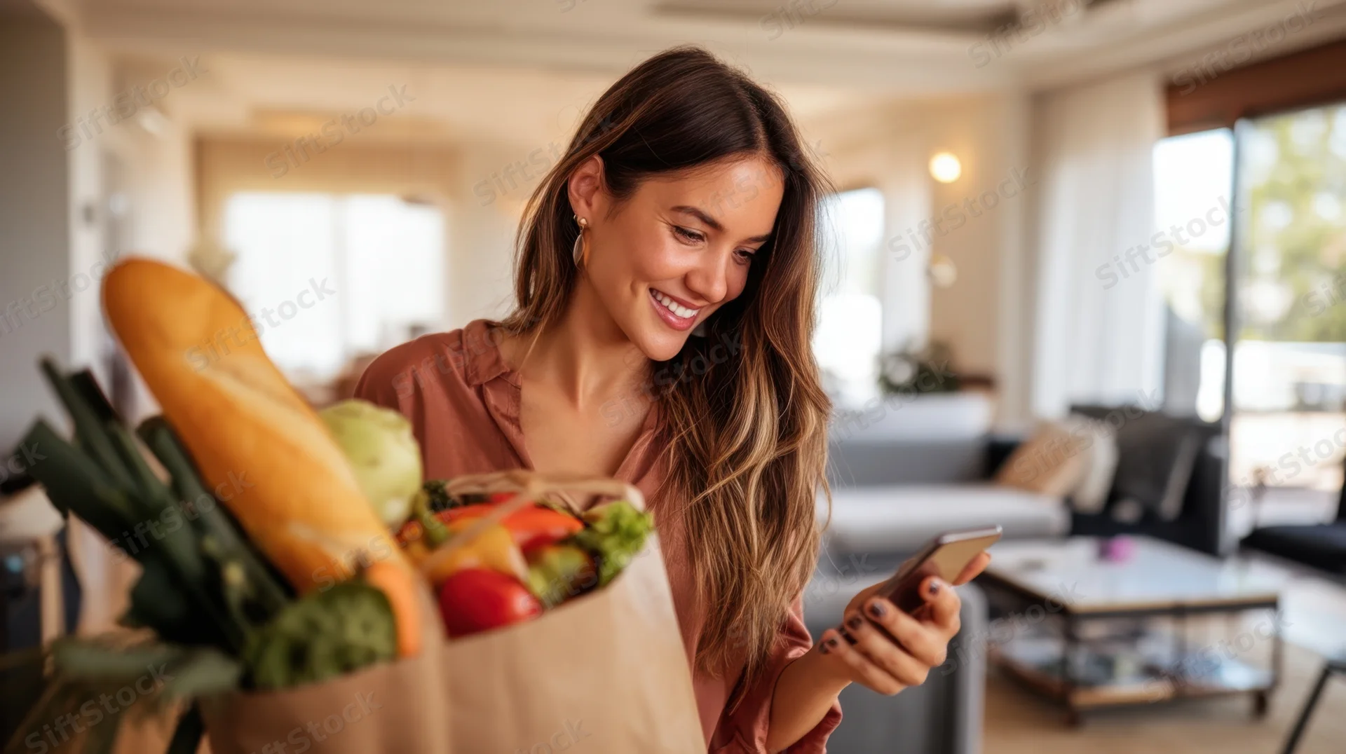 Young woman smiling while holding a grocery bag and using smartphone at home