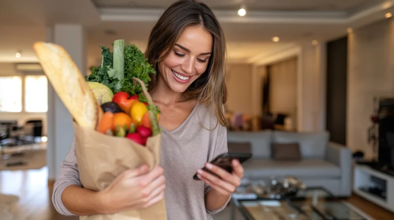 Young woman smiling while holding a grocery bag and using smartphone at home