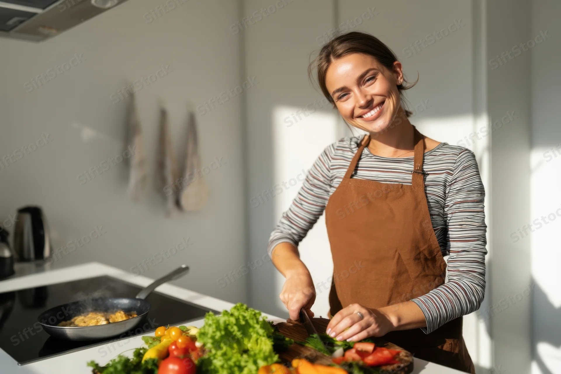 Young woman smiling while chopping vegetables on a cutting board in a modern kitchen
