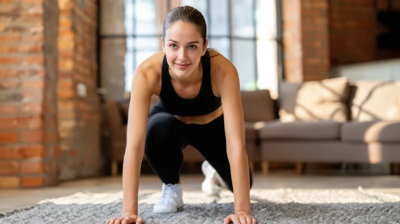 Young woman in squat position on rug in living room during home workout