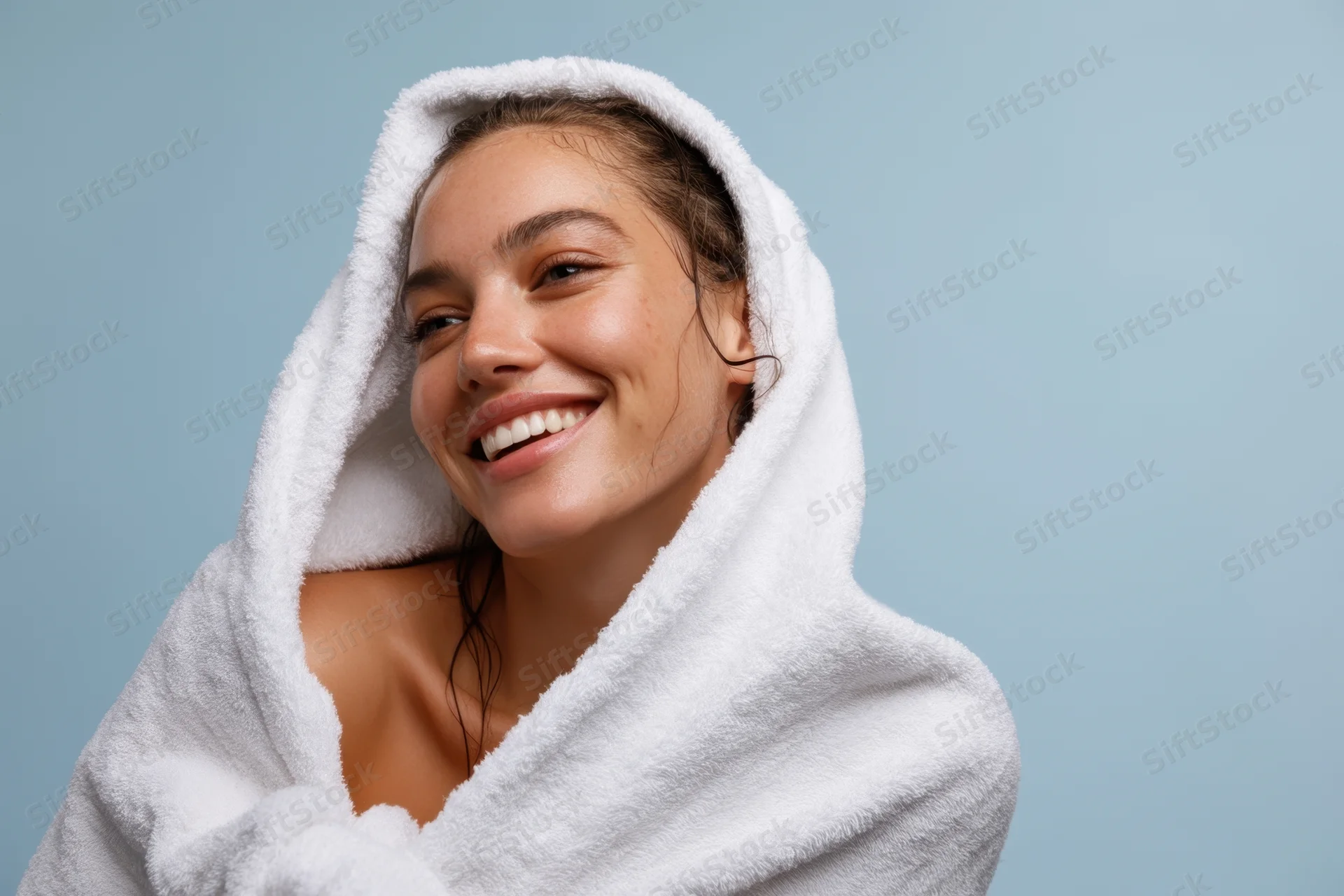 Young woman smiling with towel wrapped around her head after shower in studio setting