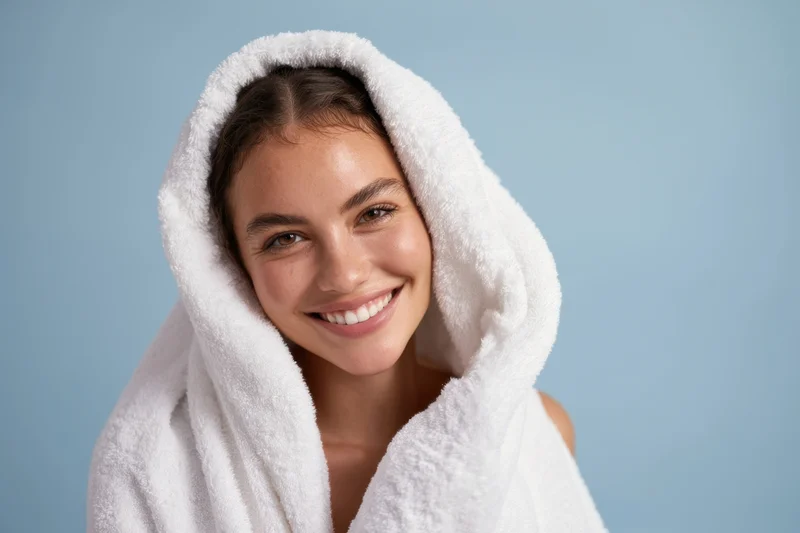 Young woman smiling with towel wrapped around her head against blue background