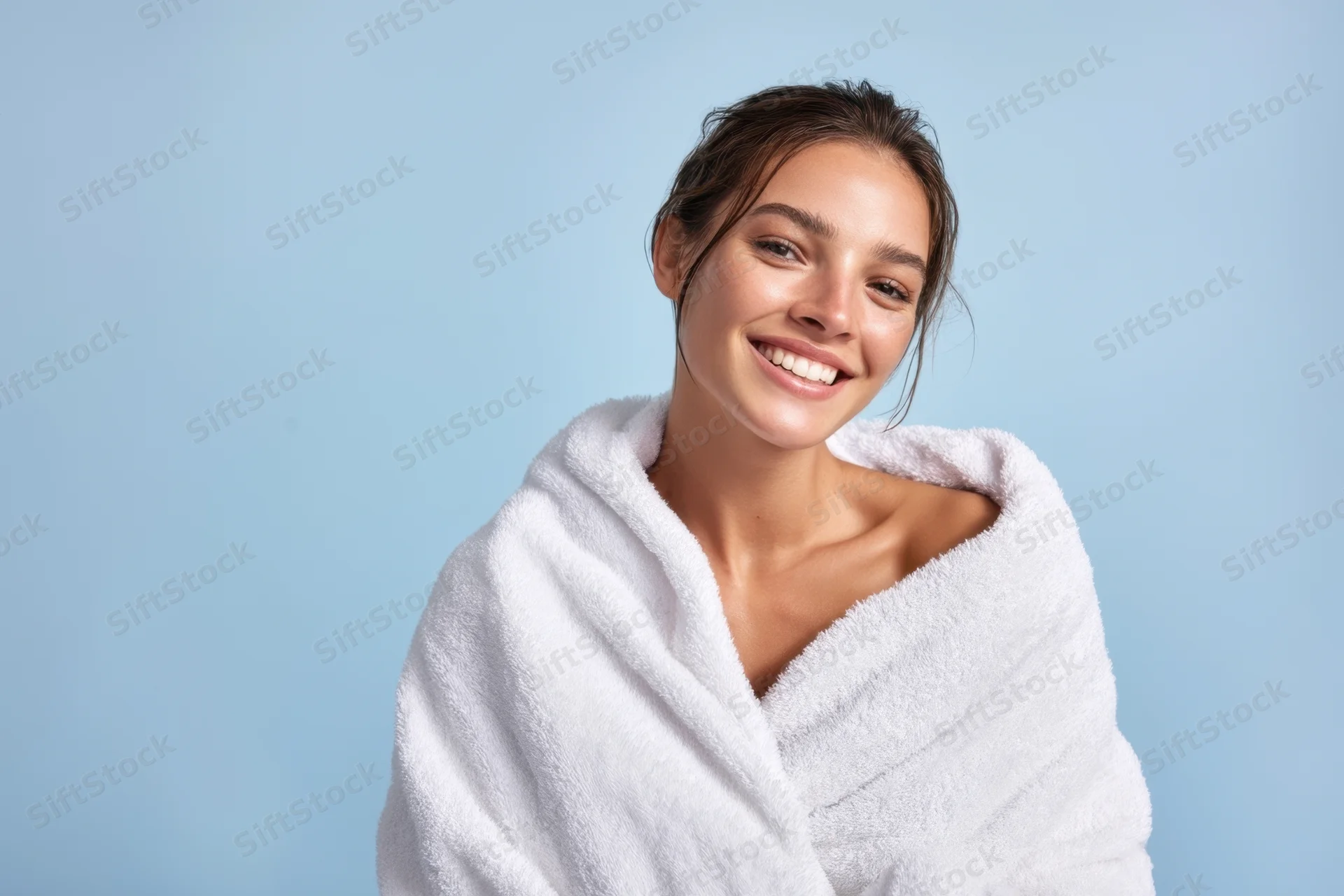 Young woman smiling wrapped in white towel against blue background