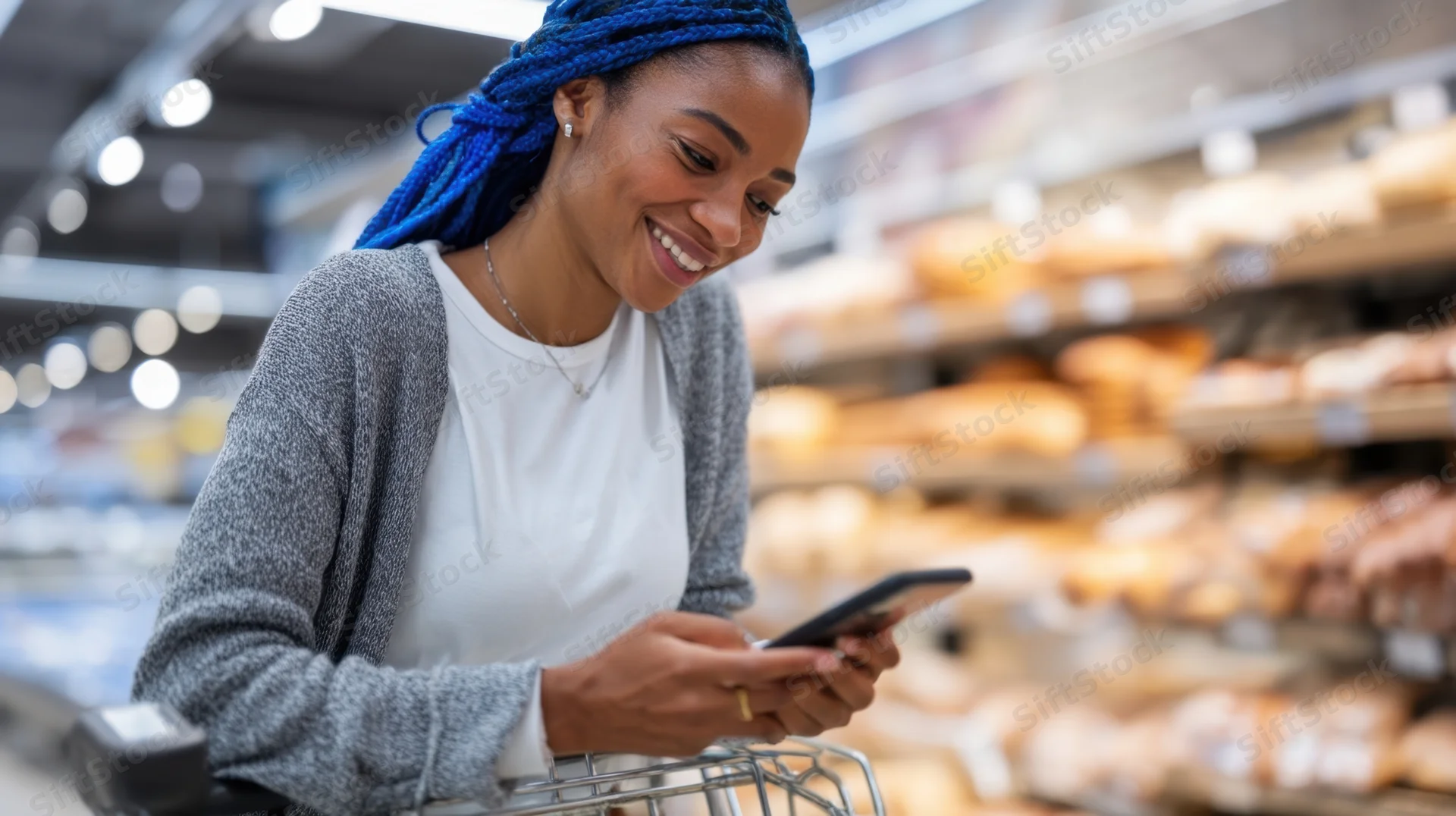 Young woman smiling while using smartphone in supermarket bakery aisle with shopping cart