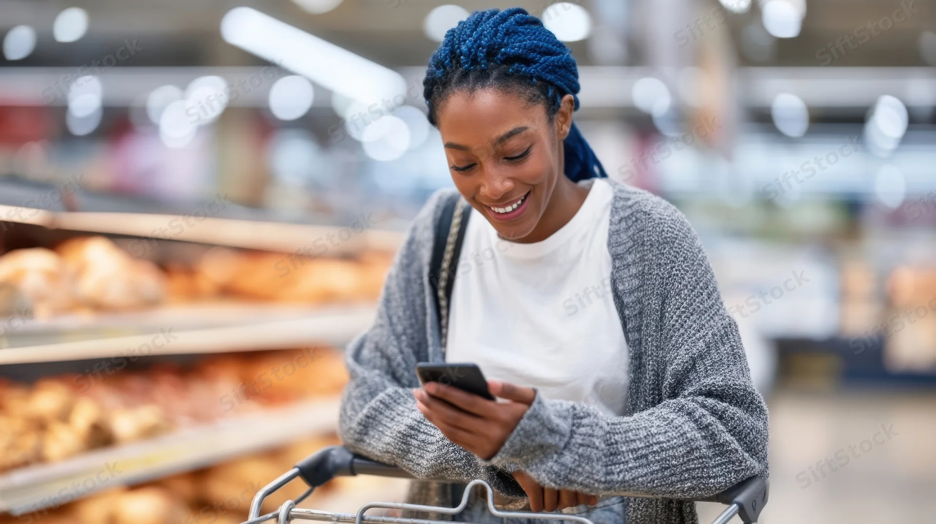 Young woman smiling while using smartphone in supermarket bakery aisle with shopping cart