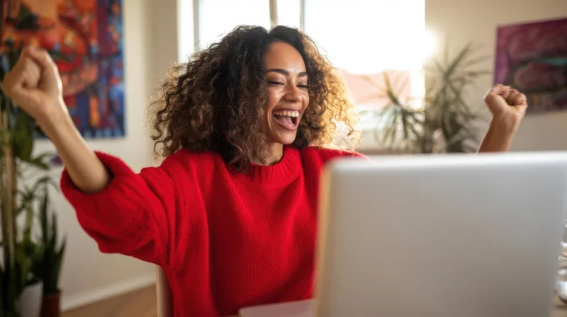 Young woman laughing and raising fists in celebration while working on laptop at home desk