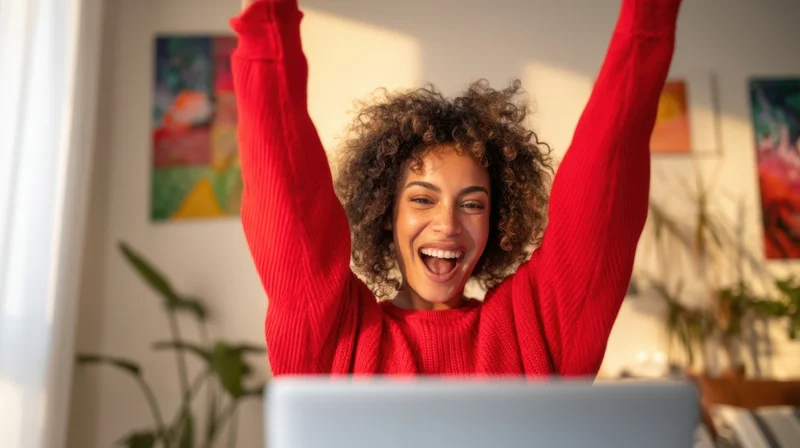 Young woman celebrating with arms raised in front of laptop at home office