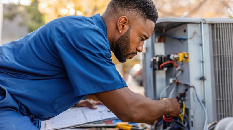 African man in blue uniform repairing outdoor air conditioning unit with tools and clipboard nearby
