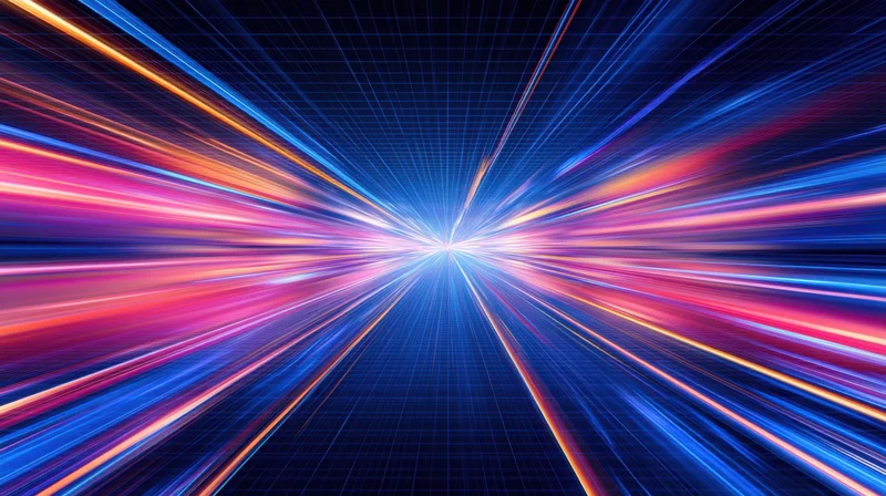 Abstract digital tunnel with glowing light streaks converging in perspective