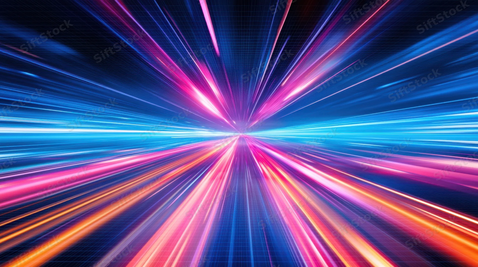 Radiant light streaks converging in a digital tunnel with grid pattern