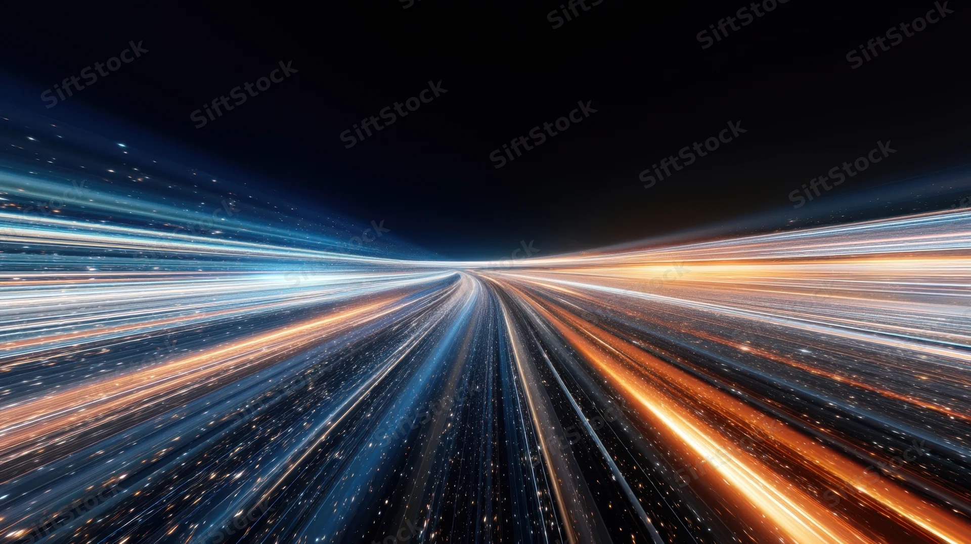 Abstract light streaks converging in a tunnel-like perspective at night
