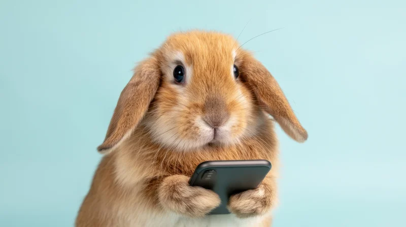 Brown rabbit holding smartphone in front of light blue background
