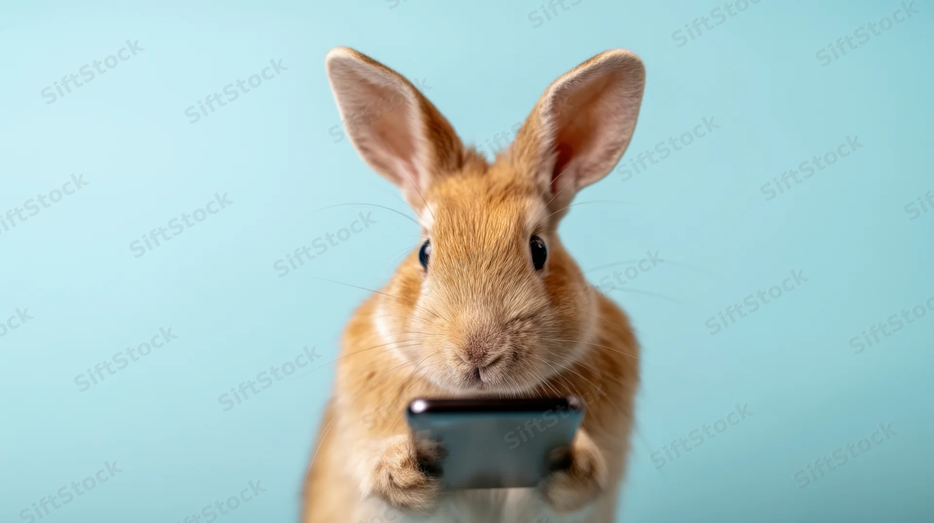 Rabbit holding smartphone in front of light blue studio background