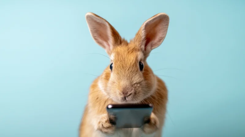 Rabbit holding smartphone in front of light blue studio background