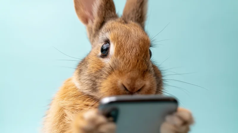 Brown rabbit holding smartphone in front of blue background