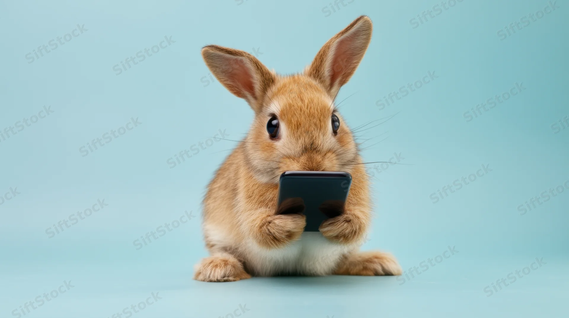Rabbit holding smartphone in front of blue background