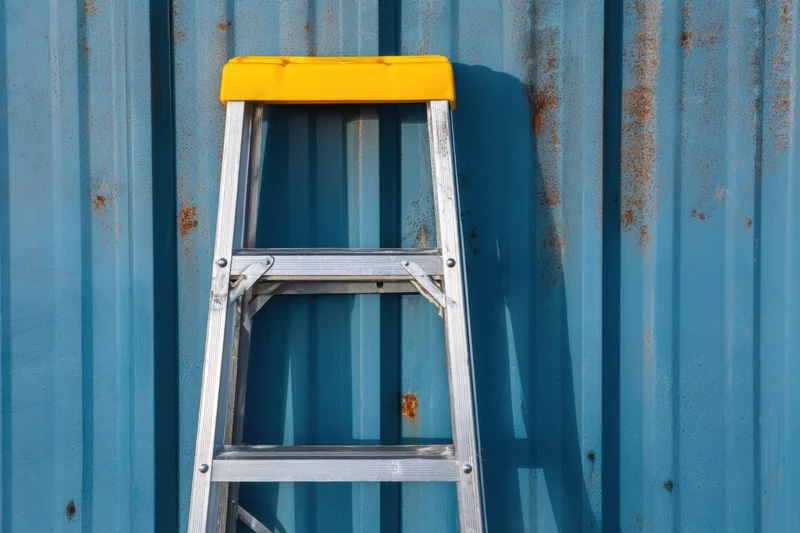 Aluminum step ladder leaning against a blue corrugated metal wall with rust spots