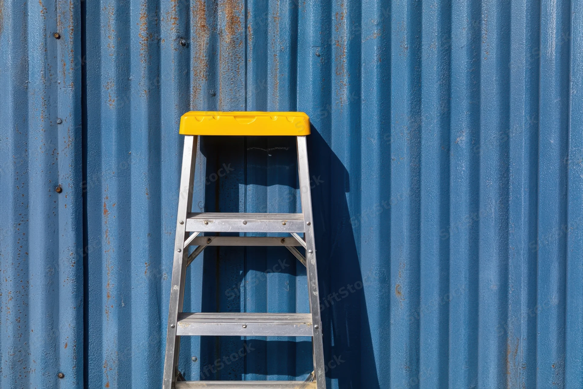 Aluminum step ladder leaning against a blue corrugated metal wall outdoors