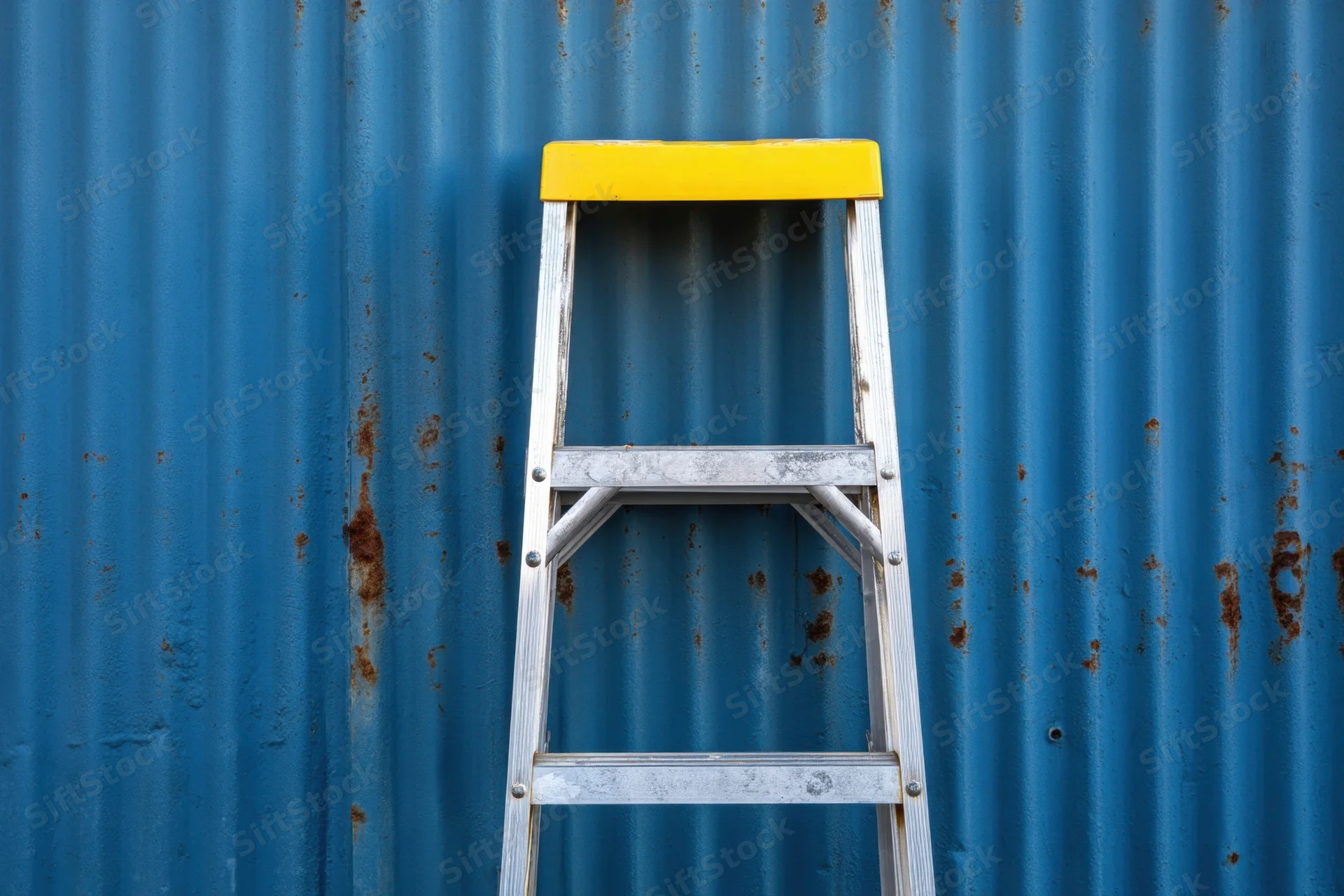 Aluminum ladder leaning against a blue corrugated metal wall