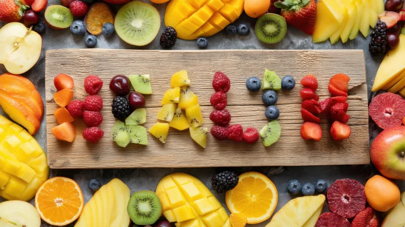 Fruit arranged to spell health on a wooden board surrounded by colorful produce