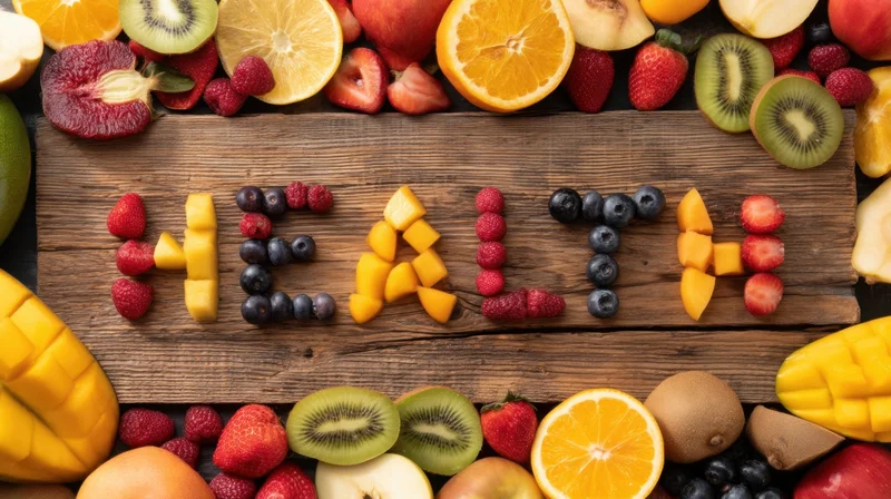 Assorted fruits arranged on wooden board spelling health with fruit pieces surrounded by more fruit