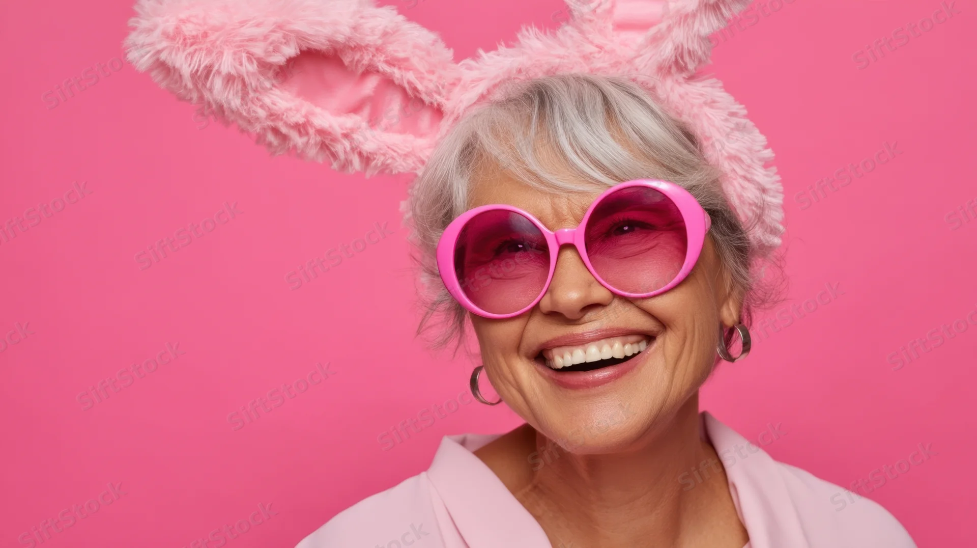 Smiling senior woman wearing pink bunny ears and sunglasses against a pink background