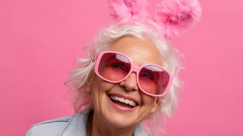 Smiling senior woman wearing pink sunglasses and bunny ears against a pink background
